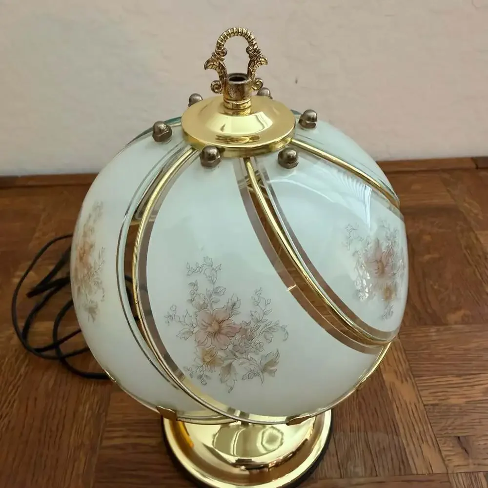 Vintage Floral Segmented Curved Glass Globe Touch Table Lamp with Brass Base